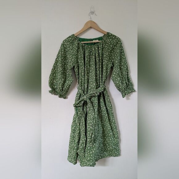 Roolee Green Floral Stop and Smell The Flowers Belted Puff Sleeve Dress S Small - Picture 2 of 7